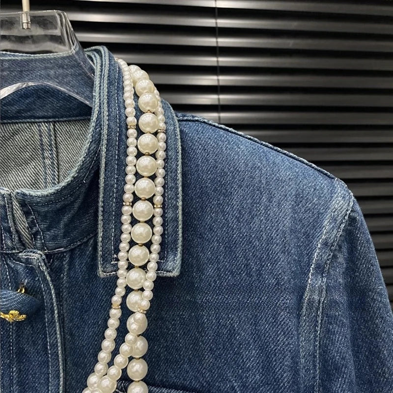 2026 Jeans Jacket  Autumn Winter Niche Design Multi-Pocket Single-Breasted Versatile Pearl Chain Casual Denim Jacket For Women 11A07235