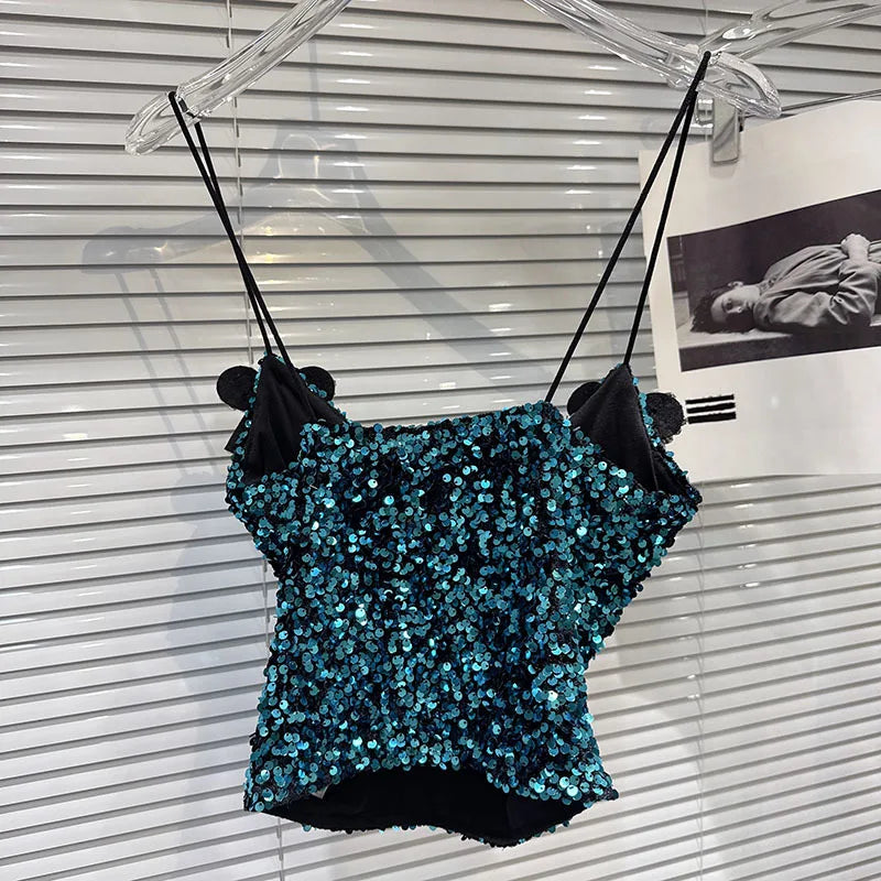 2026 Spring New Fashion Rhinestone Bow Pin Sequin Fabric Camisole For Women Versatile Backless Tank Tops Female 11A08722