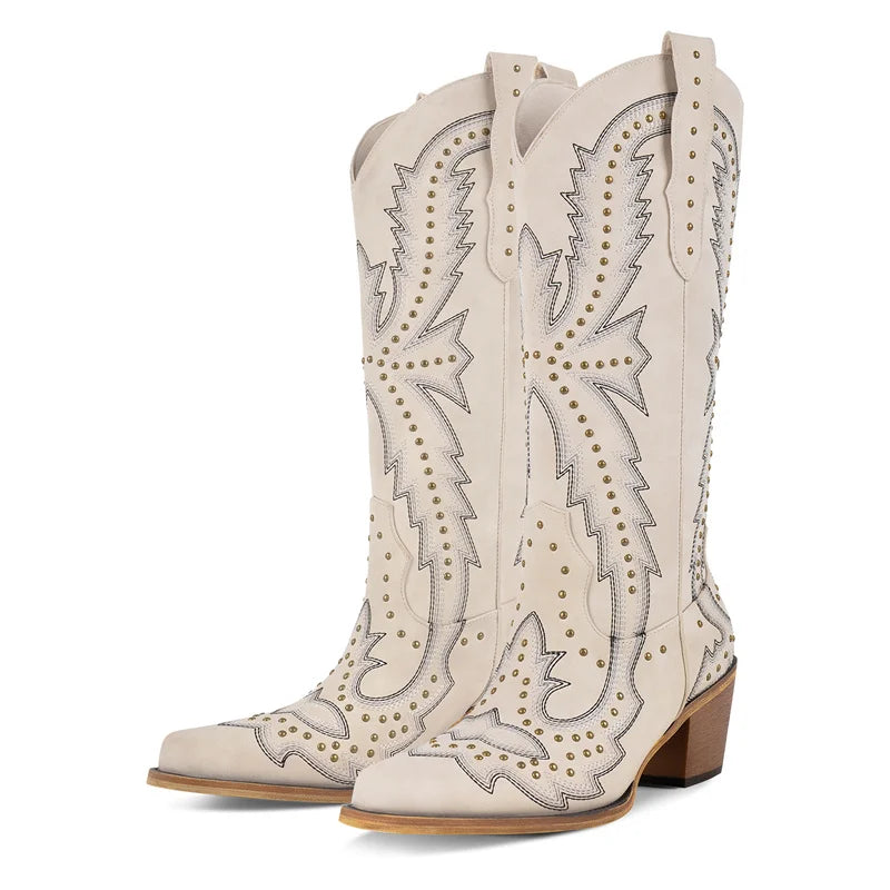 Onlymaker Women Pointed Toe Mid Calf  Pull-on Knee High Cowgirl Boots Comfy  Chunky Heel Western Boots