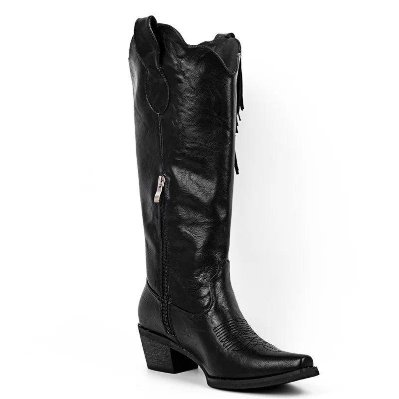 Onlymaker Women Pointed Toe Fringe  Knee High Boots Comfy Side Zipper Mid Calf Chunky Heel Embroidered Western Boots