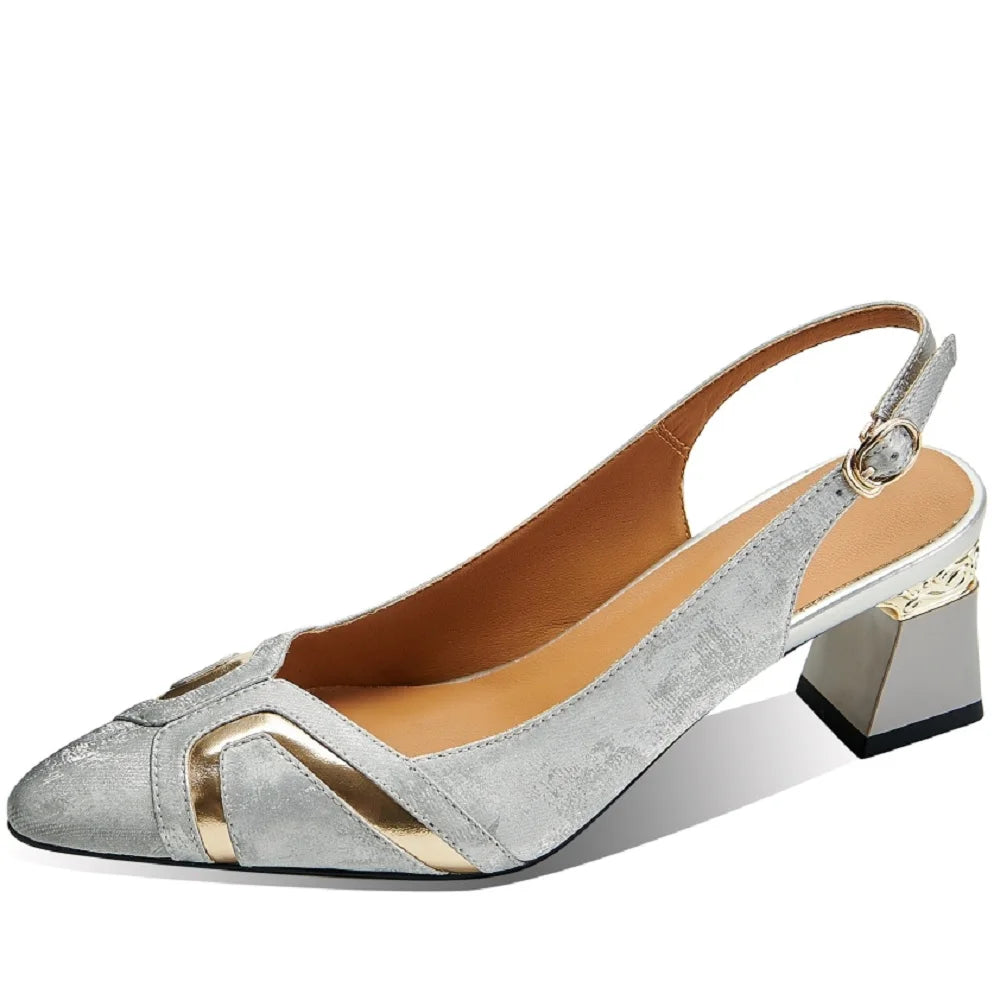 Brand Genuine Leather Medium Heels Pumps Shoes Woman Sexy Point Toe Heels Office Dress Ladies Sandals 34-42