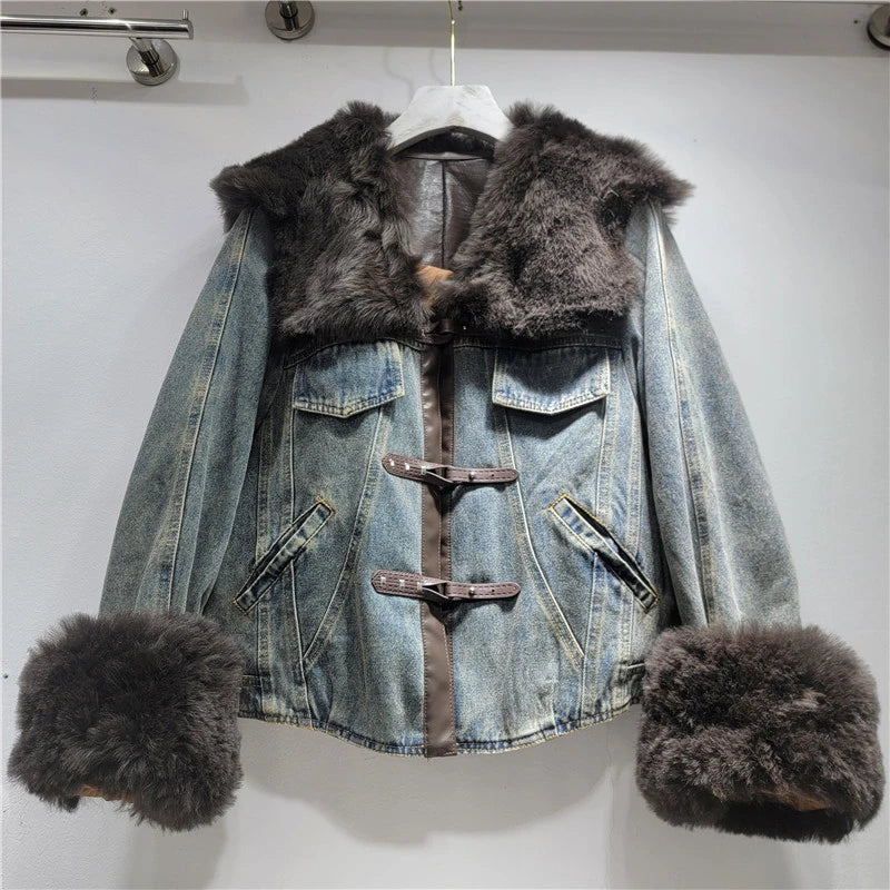 2026 Jeans Jacket Winter New Fashion Patchwork Denim Parka Coat For Women Vintage Thickened Faux Fur Short Jacket Female 11A06679