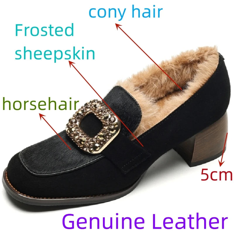 Square Crystal Buckle Women Casual Shoes Round Toe Low Heel Suede Leather Fashion and Comfort Loafers Warm Plush in