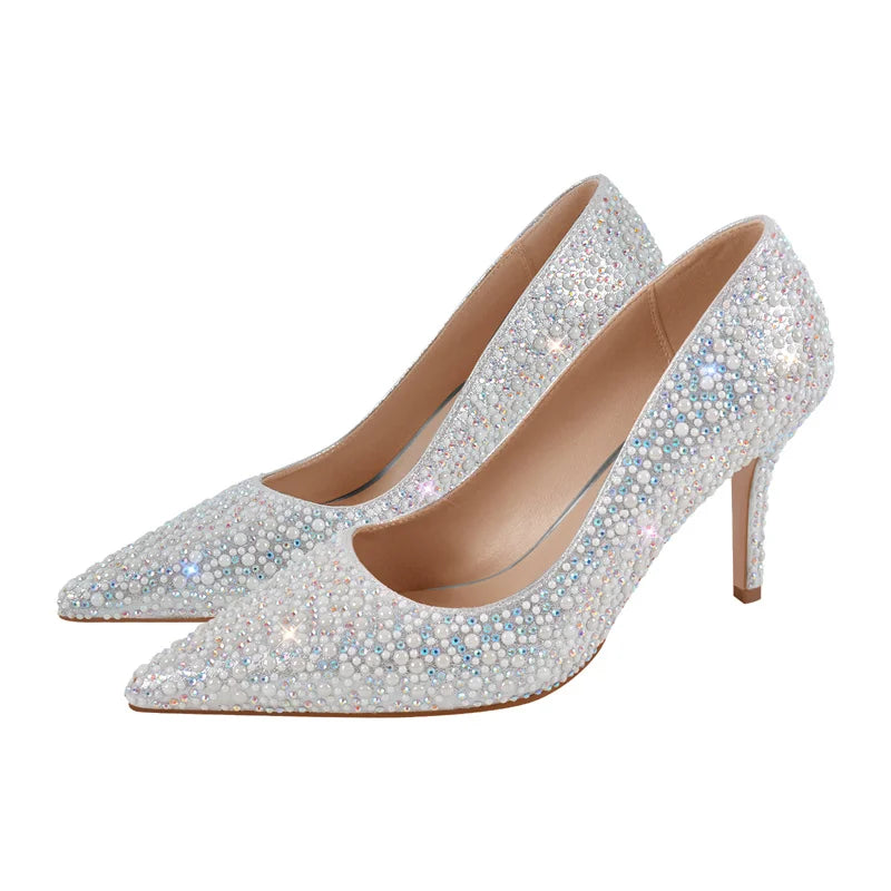 Women Pointed Toe Rhinestone Sparkling Glitter High Heels Slip On Stiletto Wedding Dress Prom Party Silver Pumps