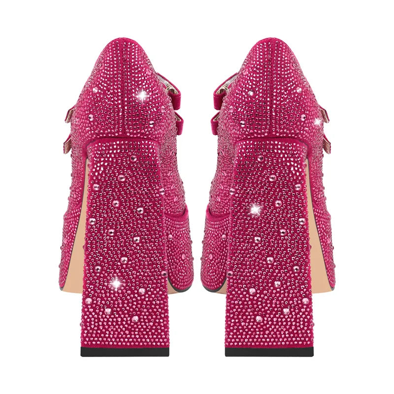 Women Platform Pumps Mary-Jane Rhinestone Chunky High Heels Ankle Strap Dress Party Punk Shoes