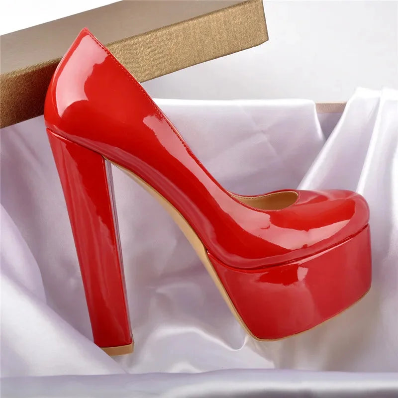 Women Heels Platform Round Toe Chunky High Heels Office Party Wedding Slip On Block Pumps PLUS Size Shoes