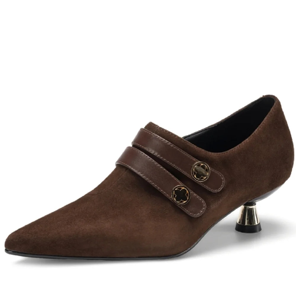 Women Handmade Genuine Leather Point Toe Ladies Elegant Shoes Soft Mid Heel Outdoor Dress Shoes 34-40
