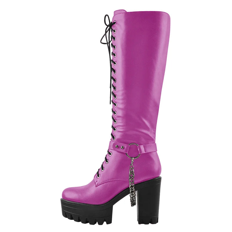 Onlymaker Women Black Matte Platform Front Lace-Up Side Zip Knee High Boots Lady Fashion Classic Big Size Winter Boots