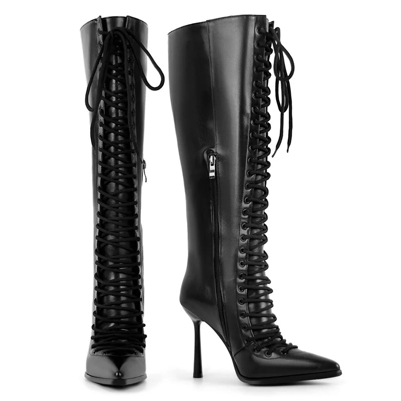 Onlymaker Pointed Toe Lace Up Faux Leather Knee-high Boots Thin Heel Side Zipper Fashion Elegant Boots