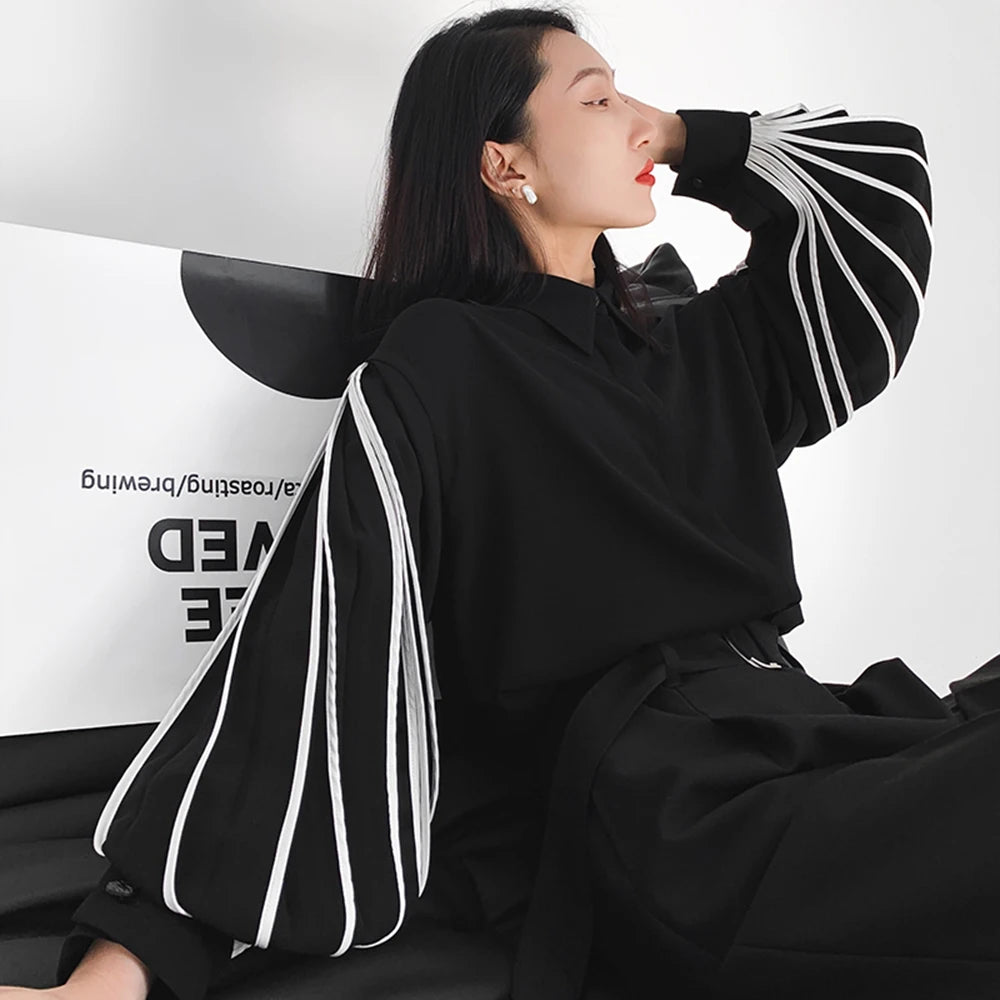 Loose Straight Shirt For Women Lapel Lantern Sleeve Patchwork Colorblock Single Breasted Blouses Female Clothes 2024 Fashion