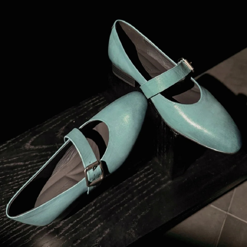 Handmade Genuine Leather Soft comfortable Flat Bottom Women's New Style Shoes Low Heel round Toe Look Synthetic