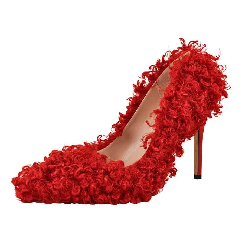 Women Pumps Brown Faux Fur  Pointed Toe 10CM Slip-On Thin Heels Party Wedding Office Lady Big Size Shoes