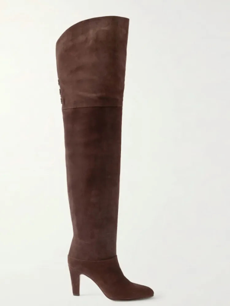 2026 Autumn and Winter Women's Thick High-heeled Knee High Boots, Round Headed Cowhide Suede Fashionable Women's Plus Size Boots