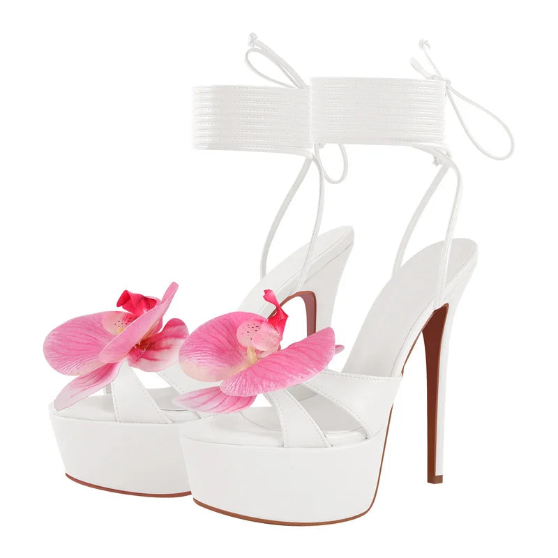 Women Flower Open Toe Pink Platform High Heeled Big Size Women Lace Up Stiletto Sexy Summer Sandals