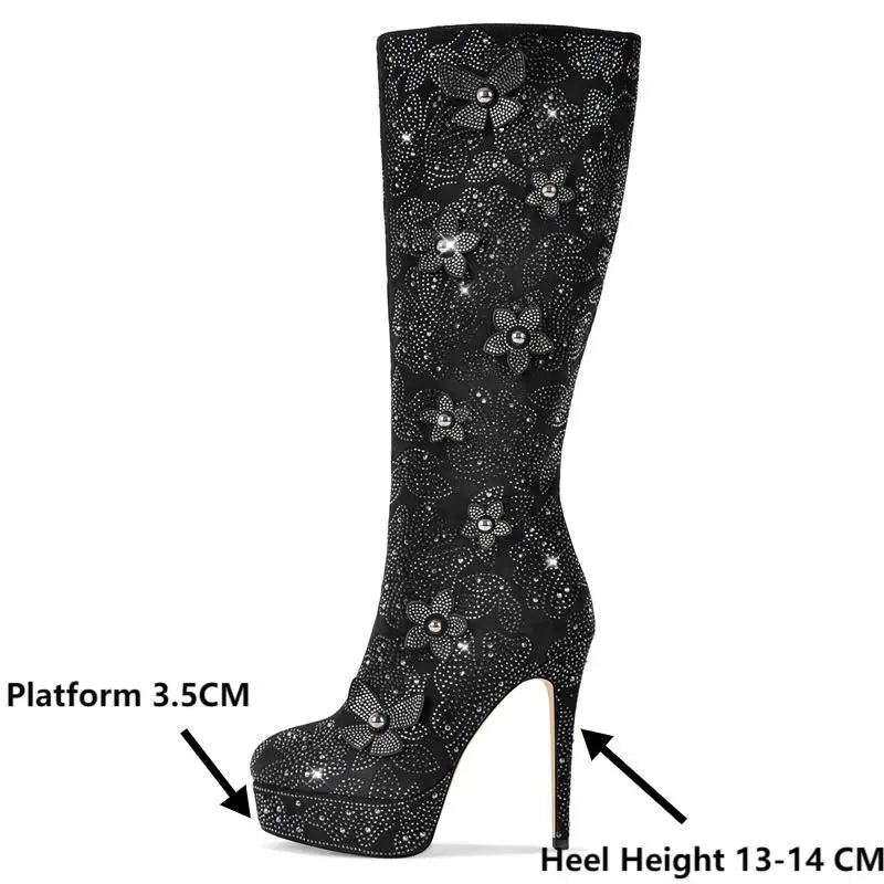 Onlymaker Women Black Platform Rhinestone Flower Knee High Boots  Crystal Side Zipper Stiletto Knee High Boots
