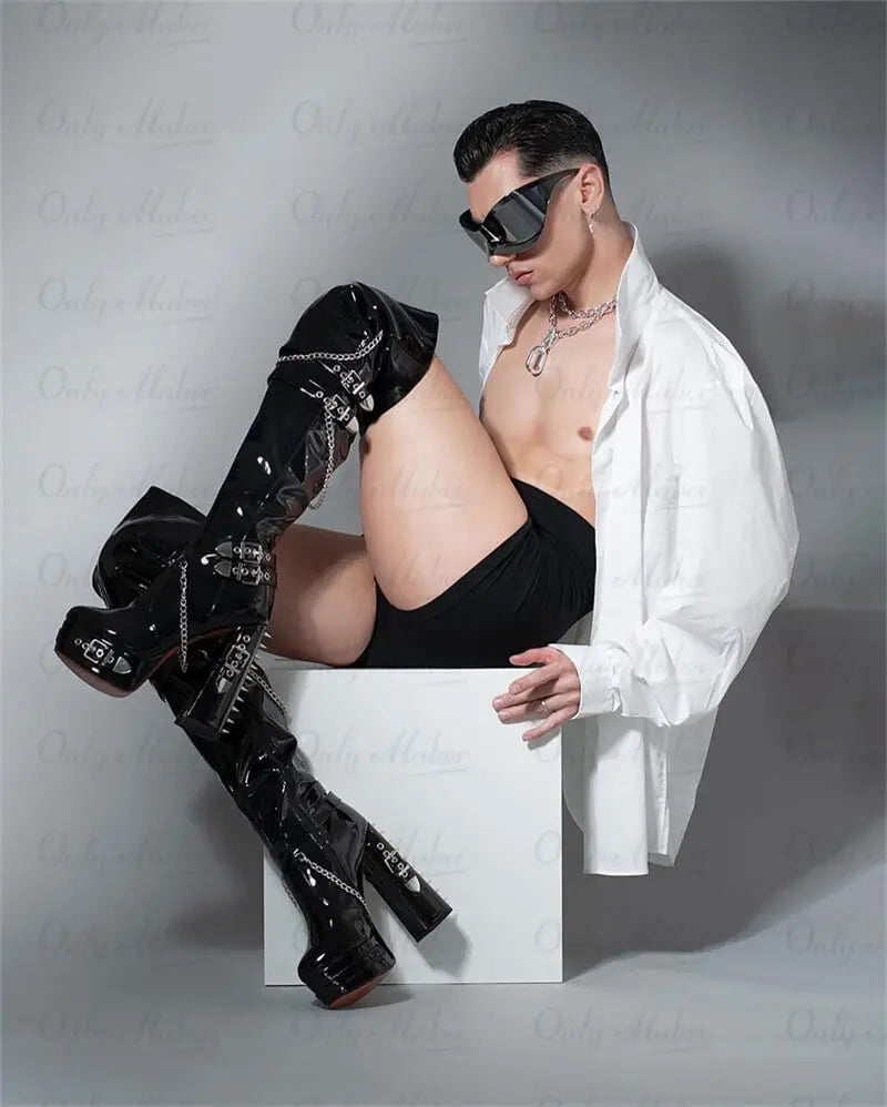 Onlymaker Women Platform Black Over Knee Boots Patent Leather Sexy Round Toe Metal Zipper Winter Punk Thigh Boots