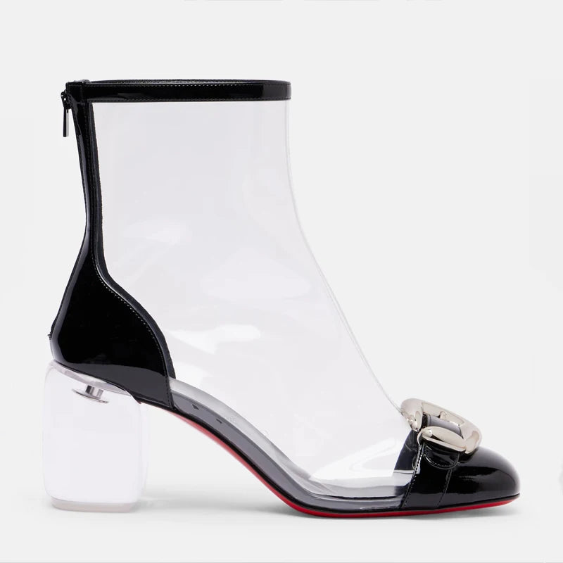 Ladies' Spring and Summer Transparent Thick High-heeled Short Boots with Round Toe and Back Zipper Sexy 34-46 Large Cool Boots