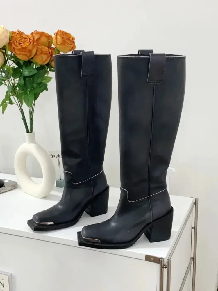 2026New Advanced Metal Square Head Women's Knight Boot Thick High Heel Sleeve Versatile Comfortable Women's Long Boots