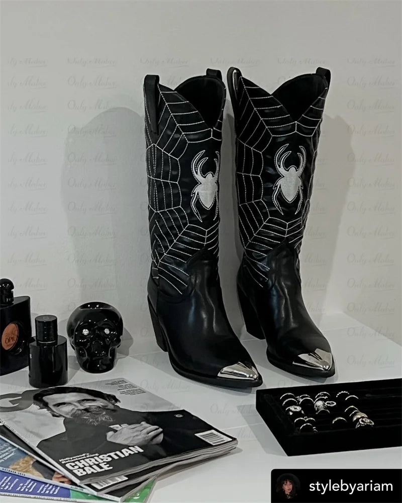 Onlymaker Women Black Pointed Toe Cowboy Boots Embroidery Spider Webs Fashion Handmade Female Mid-Calf Boots