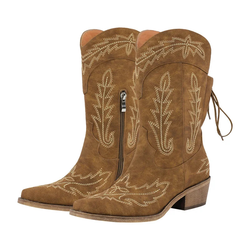 Women Pointed Toe Black Embroidery Western Boots Tapered Heel Round Up  Mid-Calf Western Cowgirl Boots