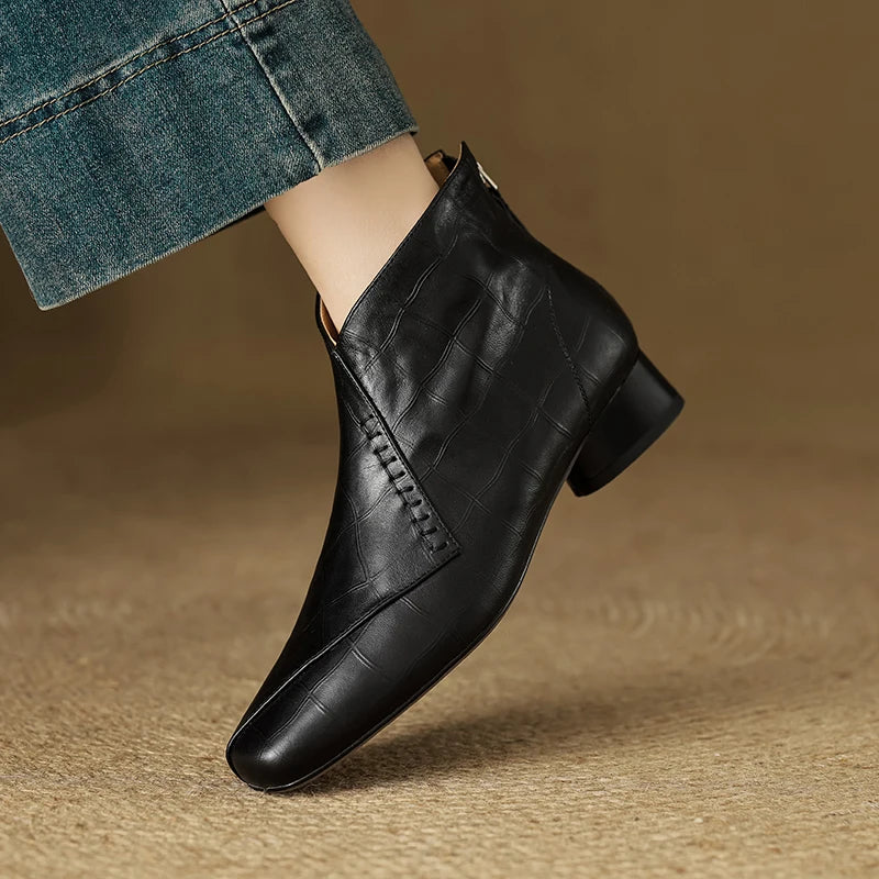 women's stone pattern cow leather square toe front Back ankle boots med heel casual short boots 34-40