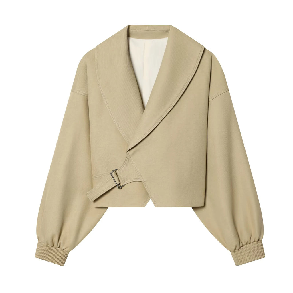 European and American style women's new 2026 fashionable long sleeved lapel solid color short jacket