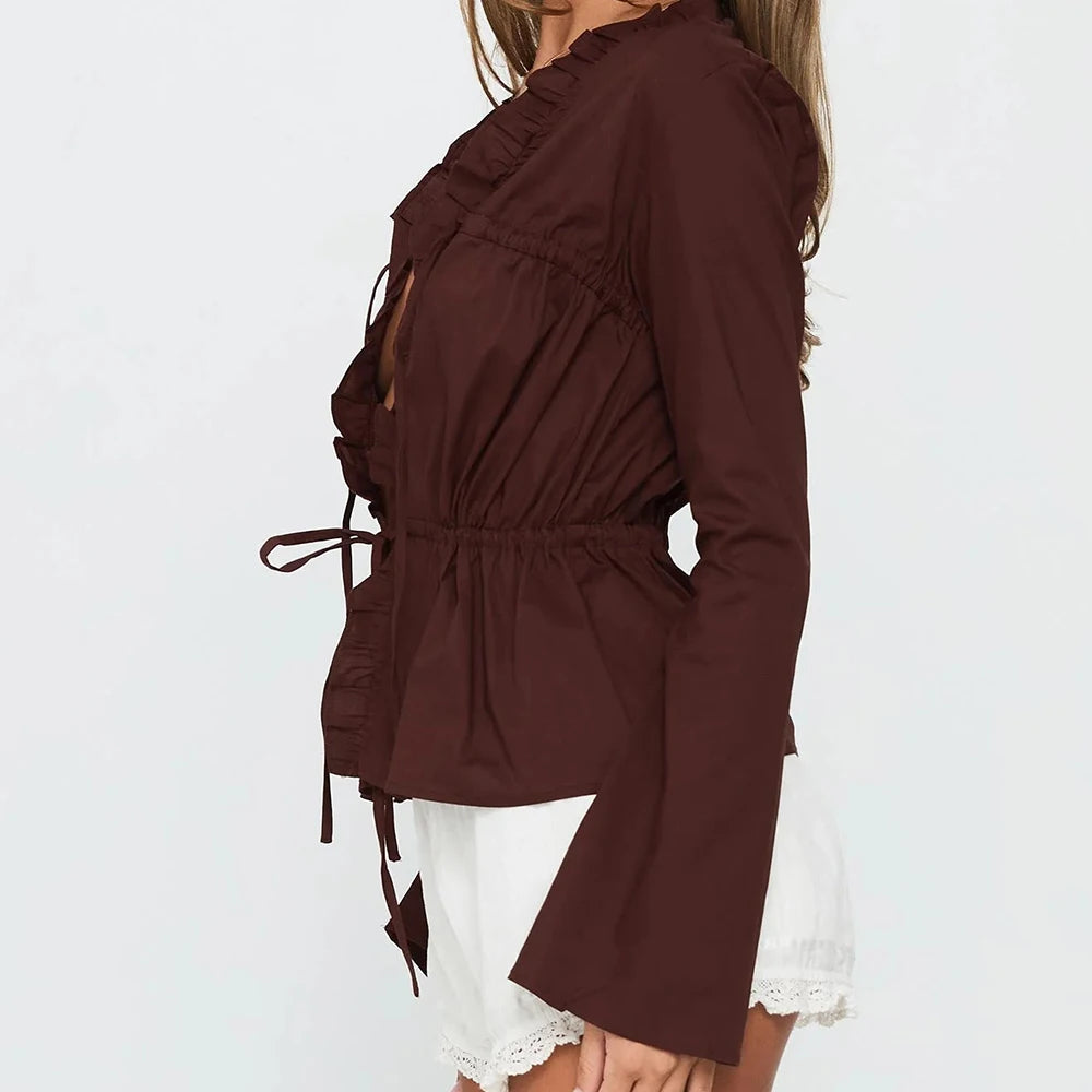 Women Spring Fall Vintage Aesthetic Ruffles Blouse Shirts Elegant Long Sleeve V-neck Tie-up Front Blouses Female Chic Tops
