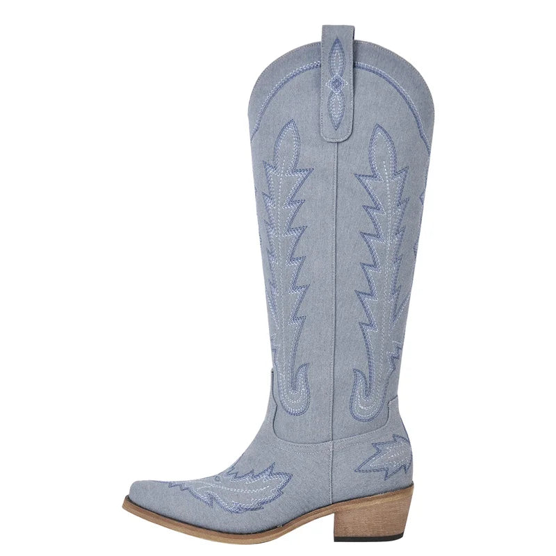 Onlymaker Women Pointed Toe Side Zipper Embroidered Western Cowboy Boots Block Heel Vintage Fashion Tall Cowgirl Boots