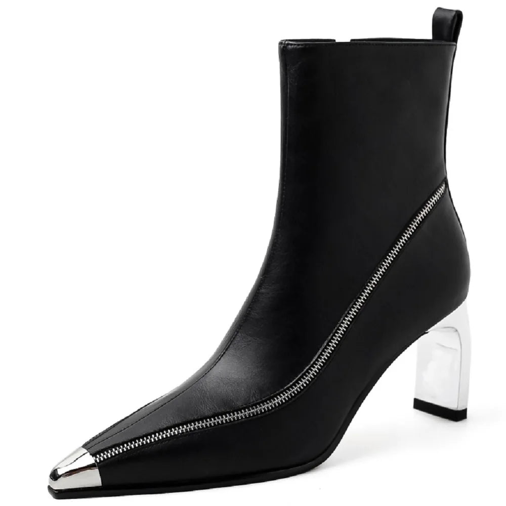 New Brand Handmade Sexy Genuine Leather Female Pointed Toe Zipper Boots Mid Heels Ankle Boots 33-40