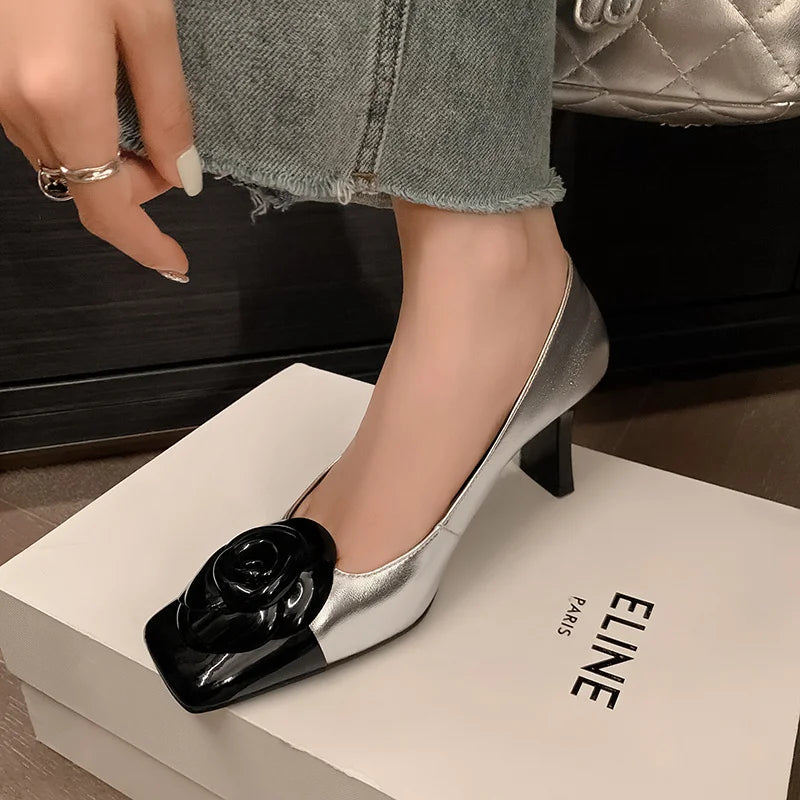 Genuine Leather Pumps Women Square Toe Flower Decoration Shallow Thick High Heels Office Ladies Party Dating Shoes
