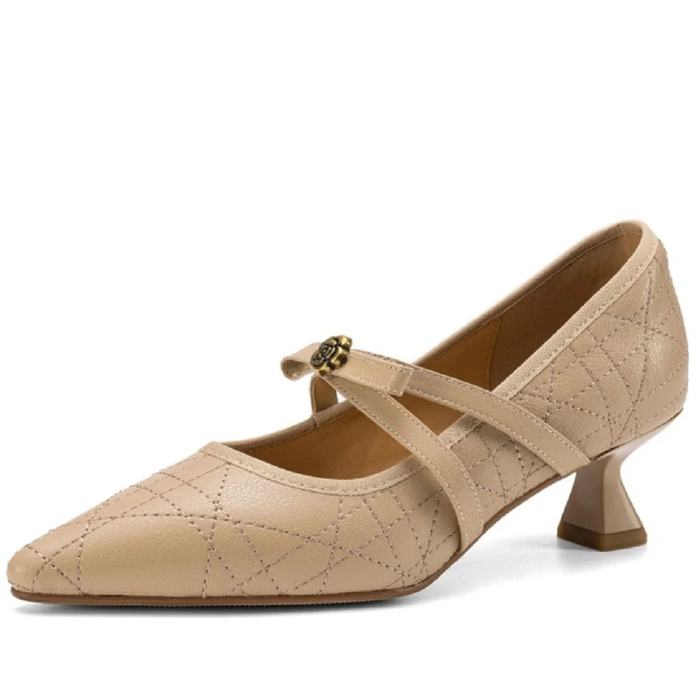 Handmade Genuine Leather Cross Band Mid  Heel Soft and comfortable Women's oes Not Tired Walking Commuting 33-40