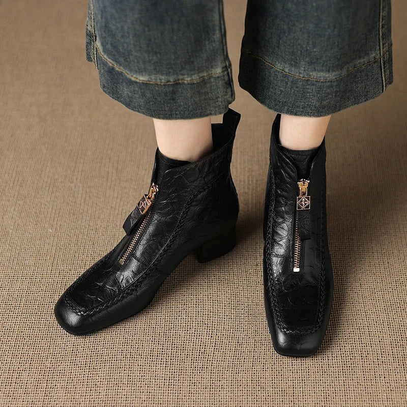New Women Handmade Genuine Leather Soft and comfortable Square Toe Chunky Heel Shoes Modern Ankle Boots