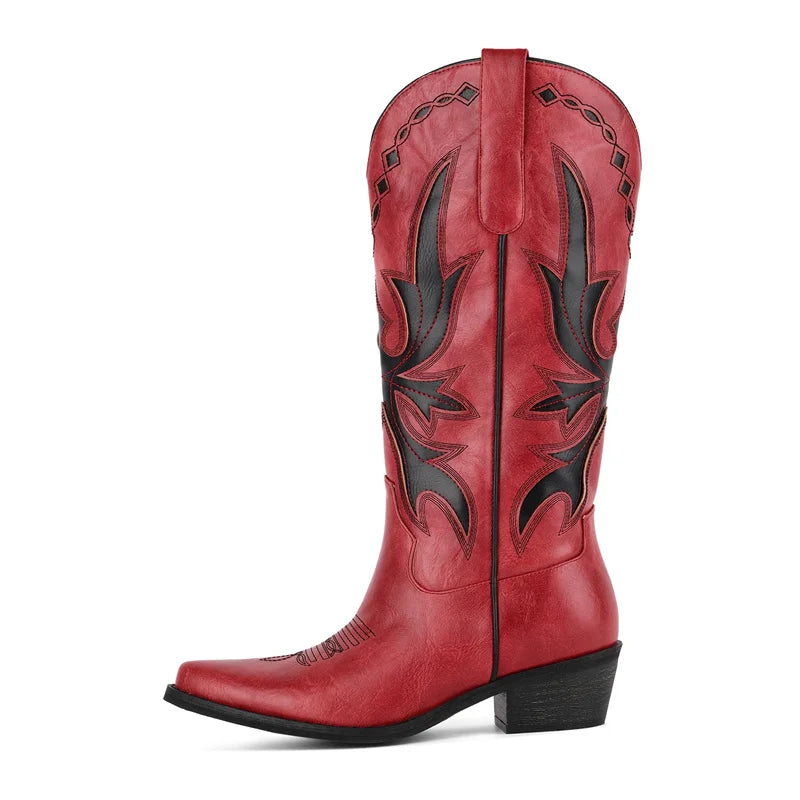 Onlymaker Women Pointed Toe Rivet Pull On Knee High Embroidery Western Cowgirl Boots Chunky Heel Embroidery Cowboy Boots