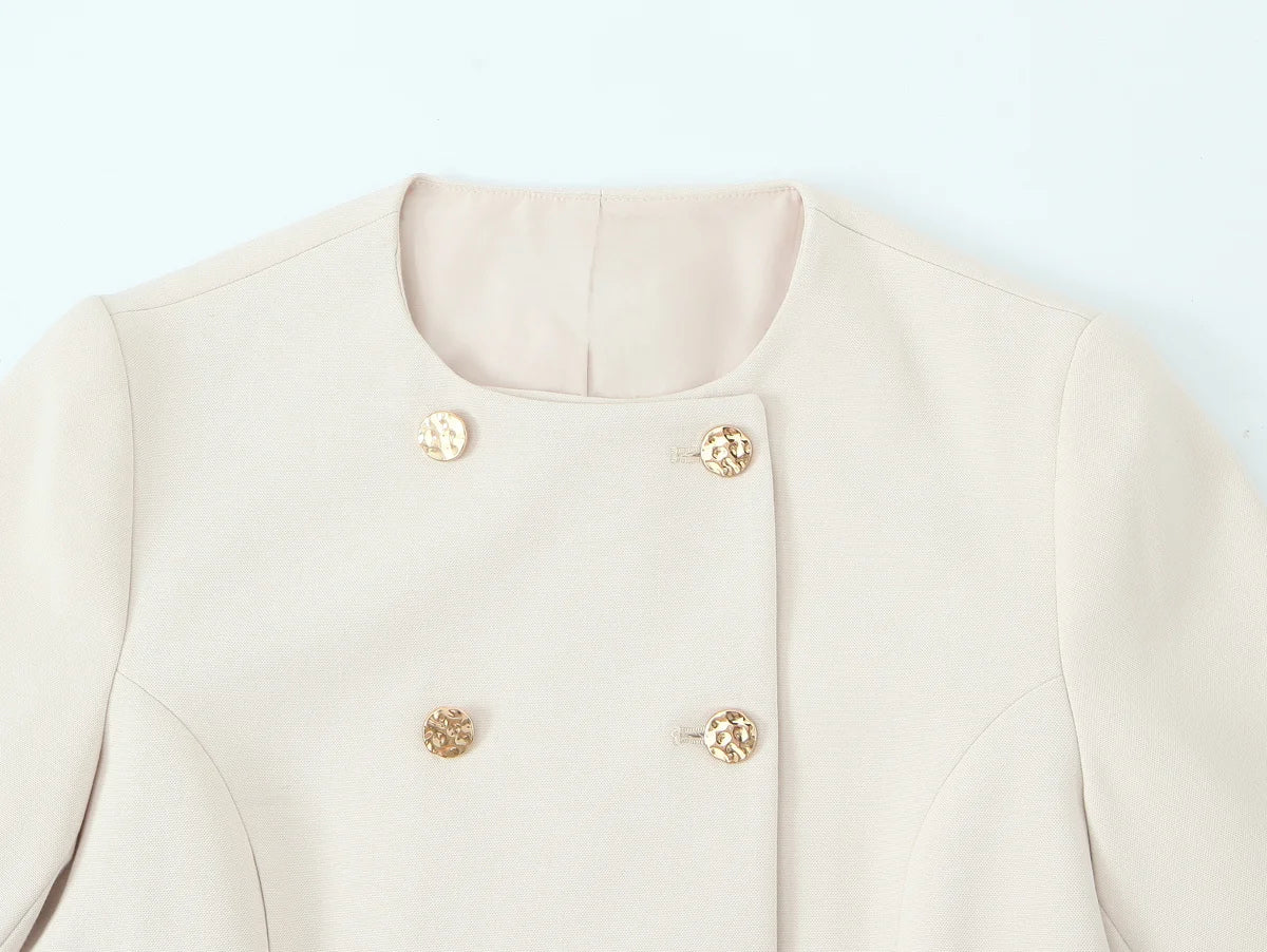 Women Cropped Double Breasted Blazer Jacket O-neck Long Sleeves for Office Lady Outerwear Coat