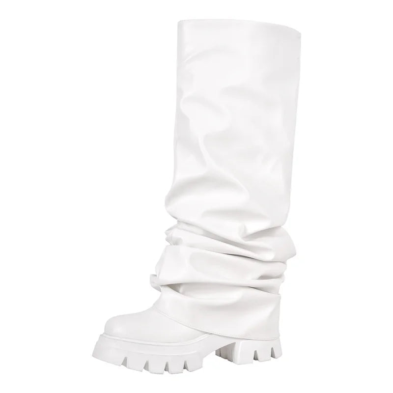 Onlymaker Women Green Round Toe Fold Over Boots Webs Fashion Handmade Female Mid-Calf Boots