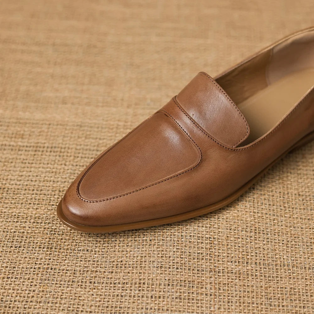 Vintage Handmade Genuine Leather Female Classic Round Toe Low Heels Concise Loafers For Women Casual Shoes 34-40