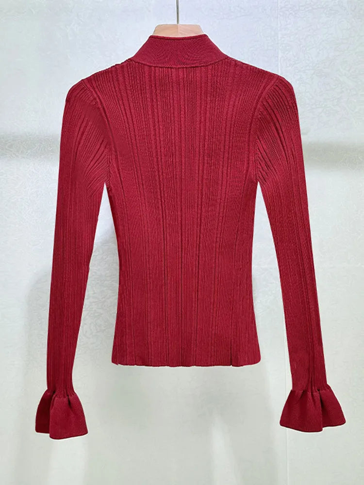 Red Stand Collar Women's Stretch Sweater Top Long