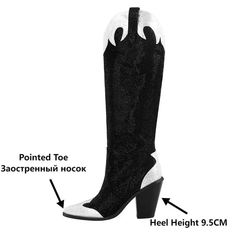 Onlymaker Women Black Pointed Toe Knee High Rhinestone Boots Cowboy Boots Fashion ull-On Western Boots