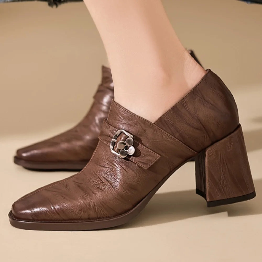 Handmade Soft Genuine Leather Women Elegant Deep Mouth Thick Heels Office Business Dress Waterproof Shoes 34-40