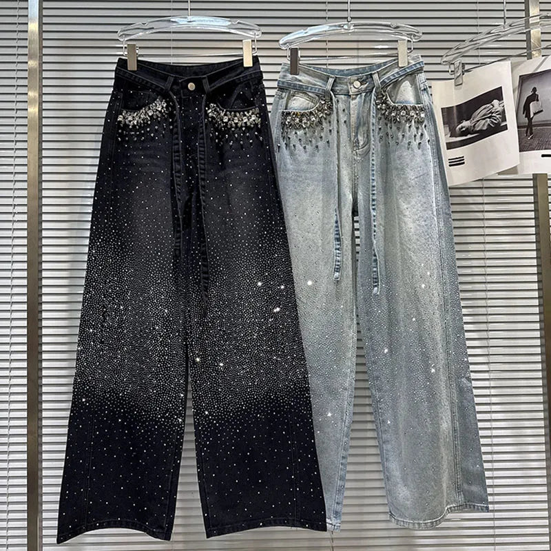 2026 Spring New Heavy Industry Pocket Rhinestone Vintage Wide-Leg Jeans For Women High Waist Straight Denim Pants 11A08297