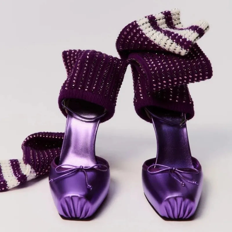 European and American Women's Fashion Square Toe, Slim High Heels, Personalized Pants Legs, Socks, Full Diamond Runway Shoes