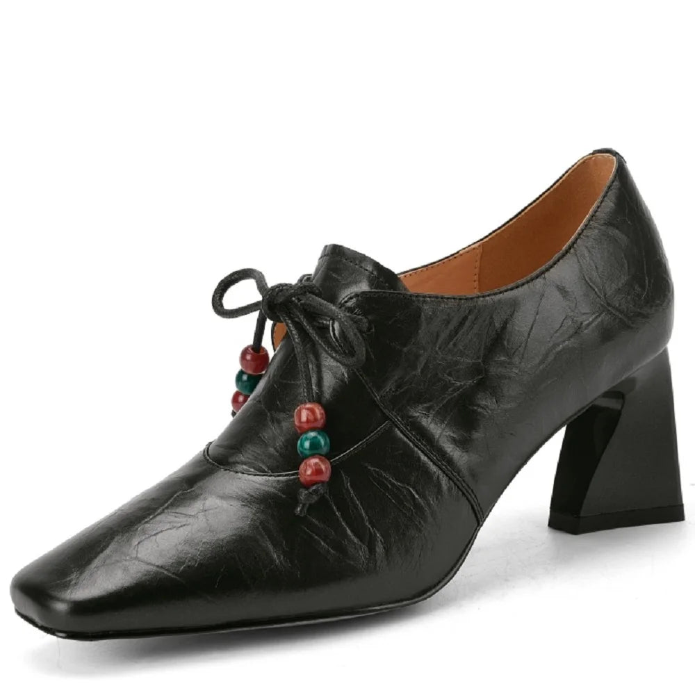 Woman's Handmade Genuine Leather High Heels New High Quality Square Business Commuter Girls Shoes Banquet 34-40