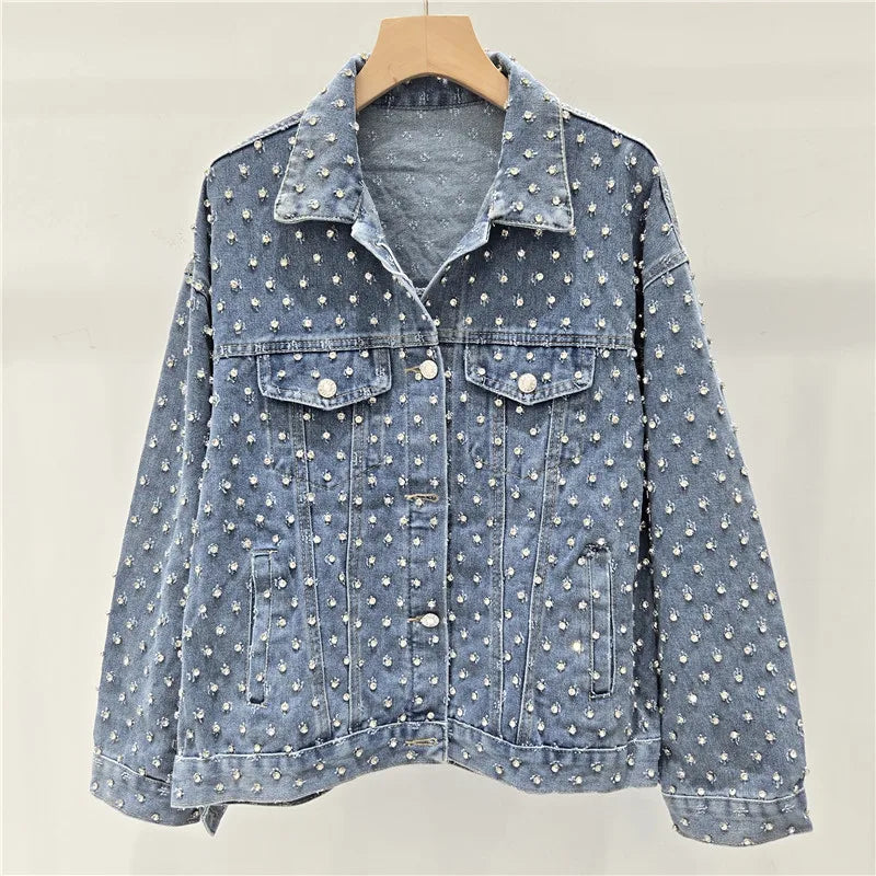2026 Jeans Jacket Fashion Spring New Items Jacquard Diamond Denim Lapel Jacket For Women New Trendy Loose High-End Casual Denim Coat 11A08571