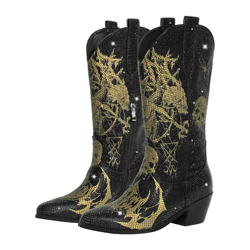 Women Rhinestone Handmade Mid-calf Western Boots