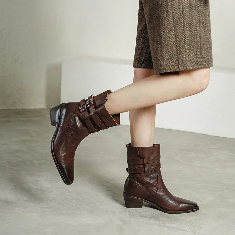 New Women Handmade Genuine Leather Soft and comfortable Ankle Boots Sexy Square Toe Mid Heels Casual 34-40