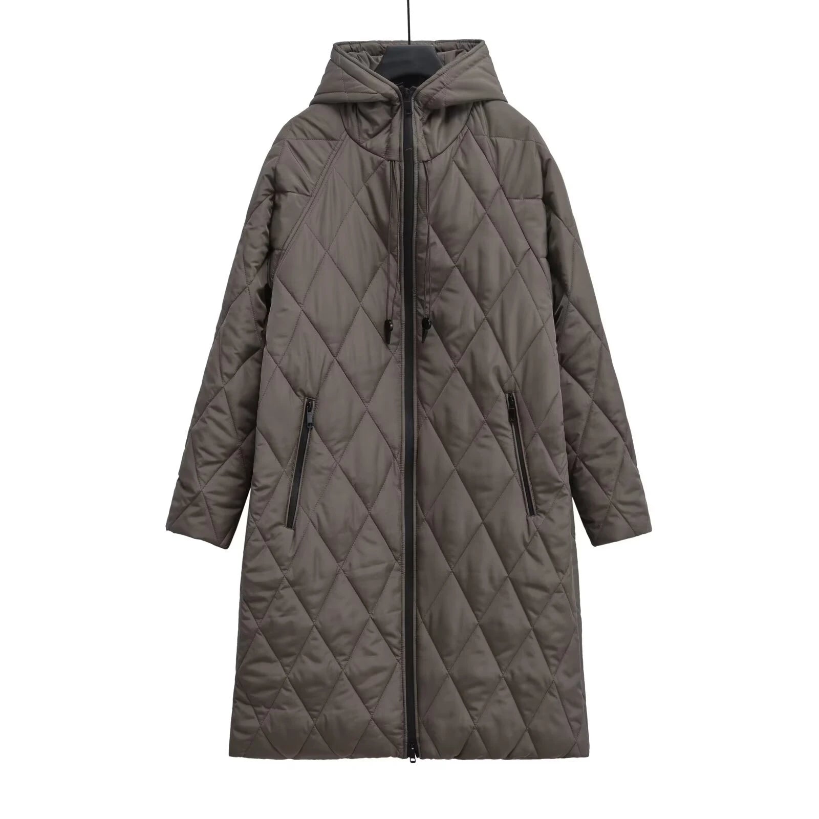 Winter new women's fashion hooded quilted diamond grid medium long cotton clothes casual loose cotton clothes