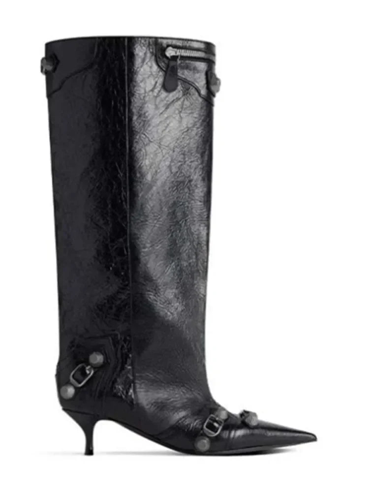 2026 Autumn/Winter New Rivet Women's Pointed Knee Length Women's Boots 5CM Stiletto High Heels Wide Barrel Women's Short Boots