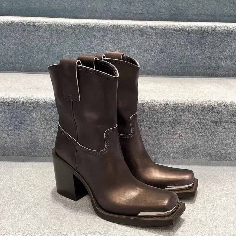 2026New Advanced Metal Square Head Women's Knight Boot Thick High Heel Sleeve Versatile Comfortable Women's Long Boots