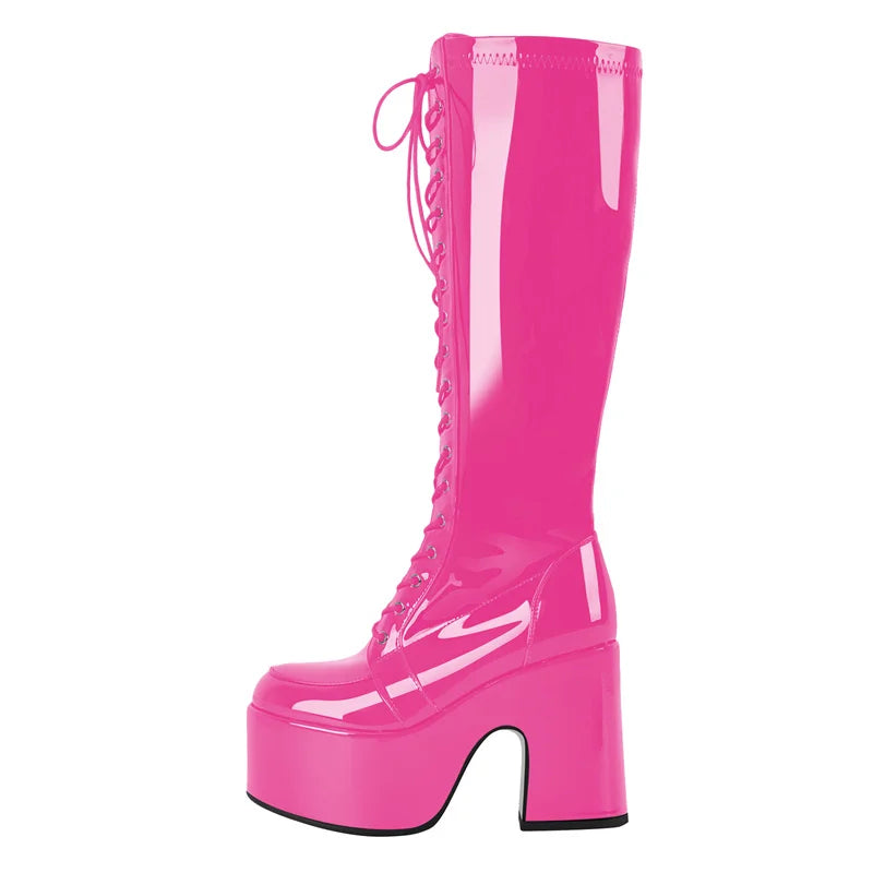 Onlymaker Women Black Round Toe Platform Knee High Boots Side Zipper Fashion Chunky Heel Mid-Calf Boot Punk Boots