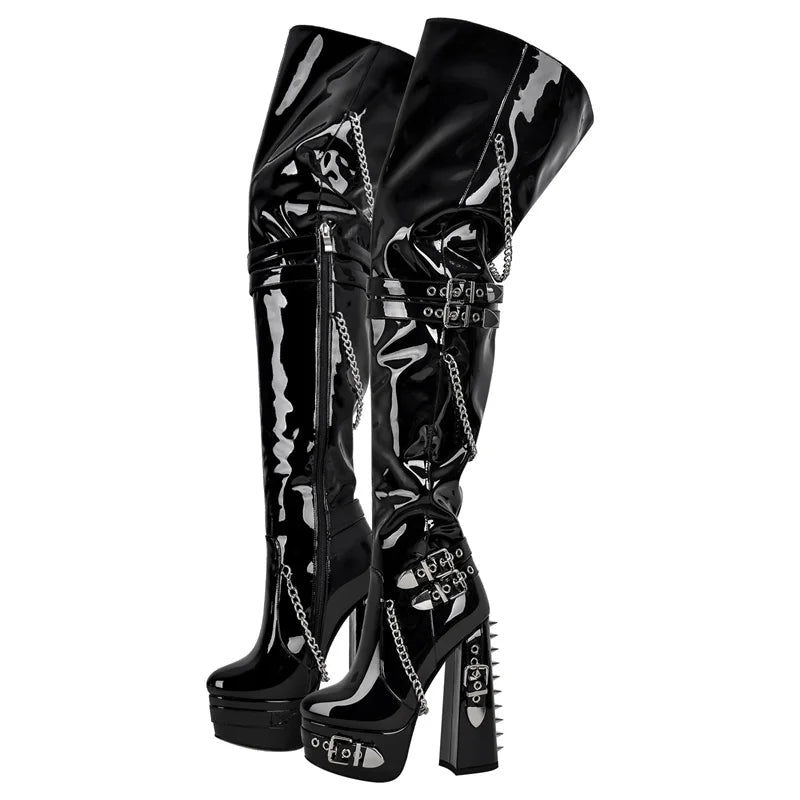 Onlymaker Women Platform Black Over Knee Boots Patent Leather Sexy Round Toe Metal Zipper Winter Punk Thigh Boots